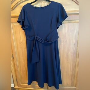Blue A-line Midi Dress with Flutter Sleeves
